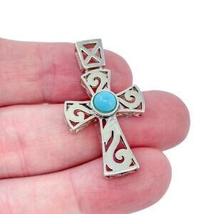 Estate Sterling Silver 925 Ornate Persian Turquoise Cross Pendant